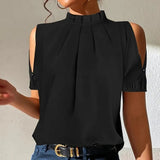 Women's Cold-Shoulder Pleated Blouse with Mock Neck