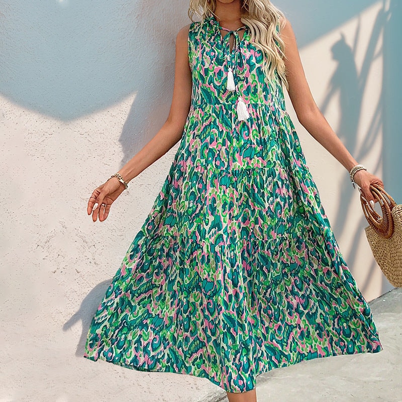 Aurora Sleeveless Tiered V-Neck Tassel-Tie Rayon Abstract Print Women's Summer Midi Dress
