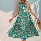 Aurora Sleeveless Tiered V-Neck Tassel-Tie Rayon Abstract Print Women's Summer Midi Dress