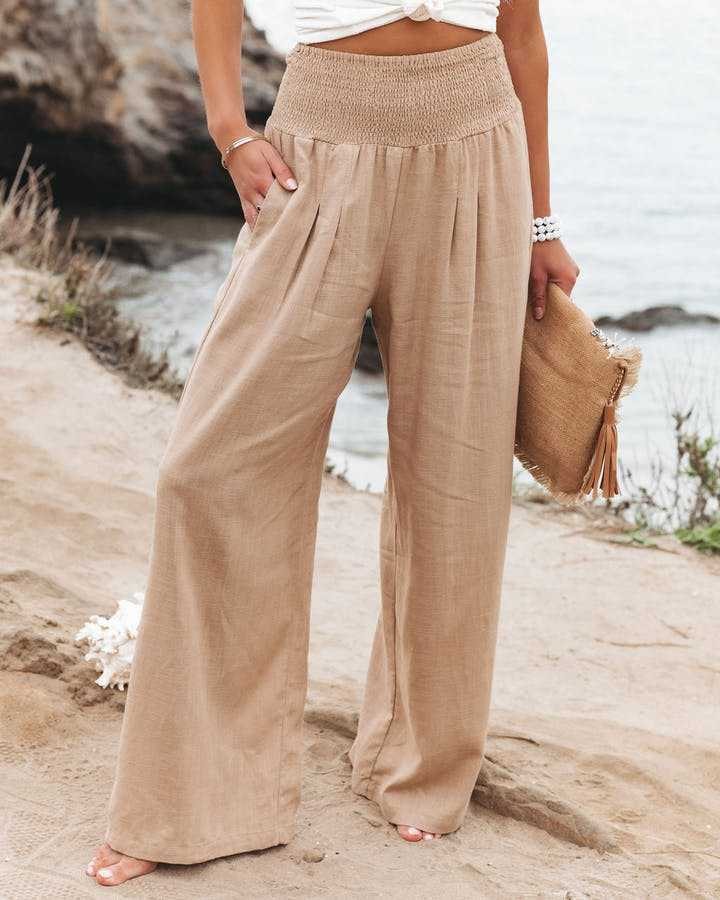 Women's Smocked-Waist Wide-Leg Linen Pants