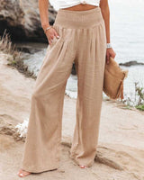 Women's Smocked-Waist Wide-Leg Linen Pants