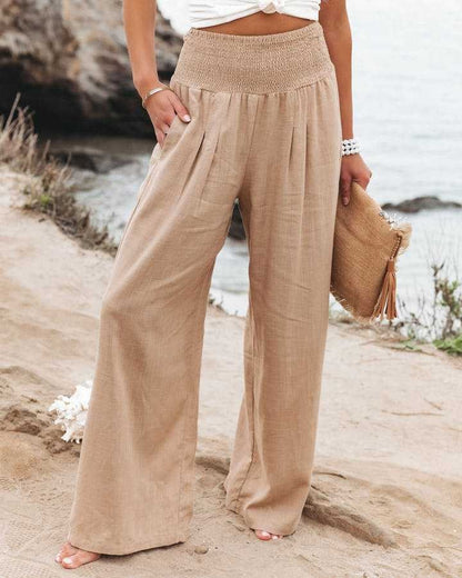 Women's Smocked-Waist Wide-Leg Linen Pants