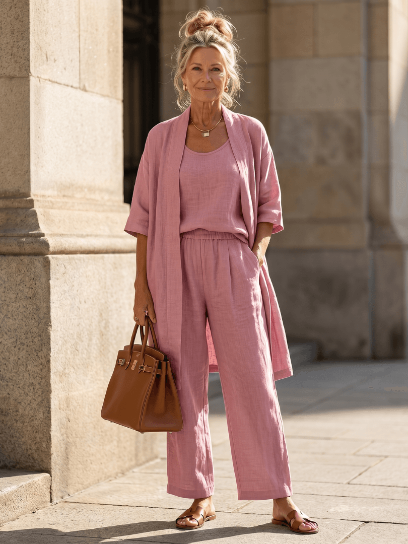Linen Wide-Leg Pant and Duster Jacket Women's Two-Piece Co-Ord Set