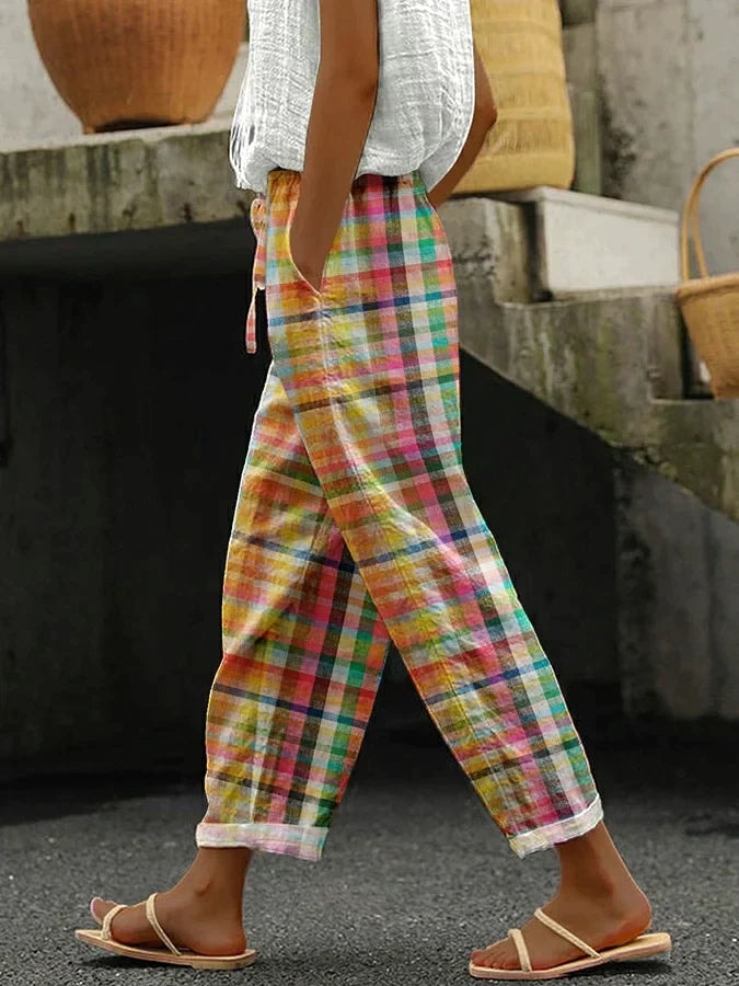 Noëlle Plaid Linen Summer Pants with Drawstring Waist and Cuffed Hems
