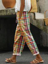 Noëlle Plaid Linen Summer Pants with Drawstring Waist and Cuffed Hems
