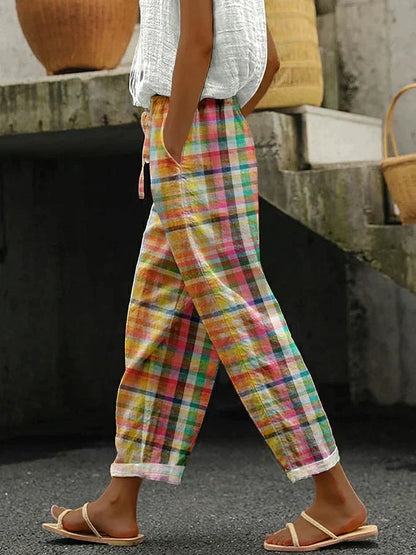Noëlle Plaid Linen Summer Pants with Drawstring Waist and Cuffed Hems