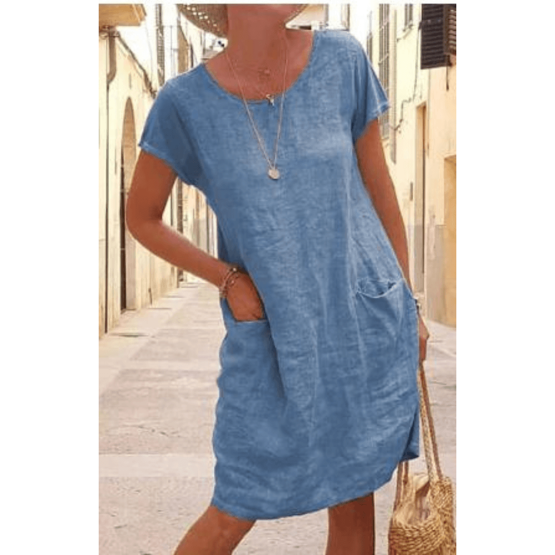Casual Knee-Length Crew Neck Short Sleeve Dress with Side Pockets