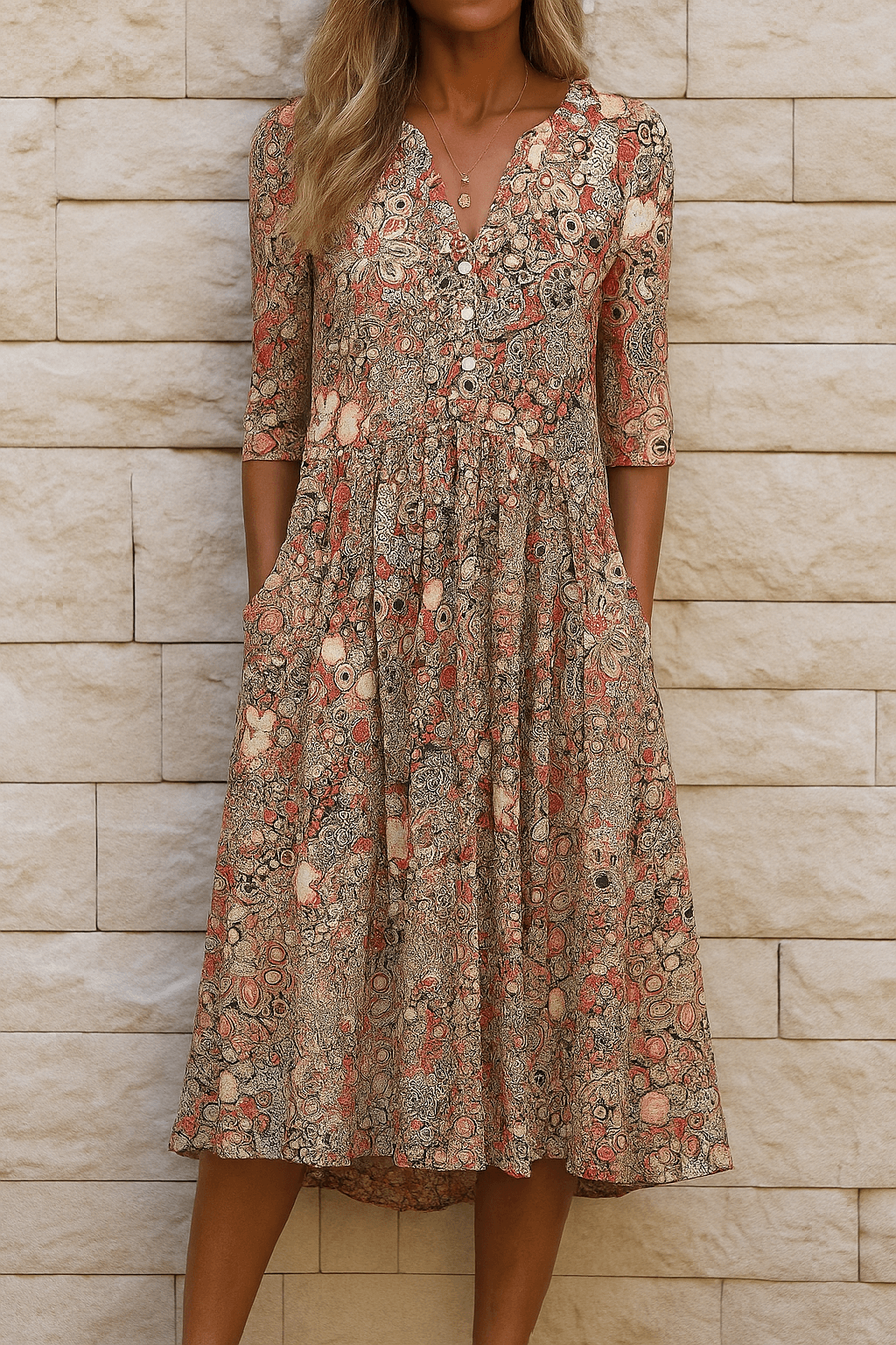 Floral Button-Front V-Neck Women's Midi Dress with Pockets