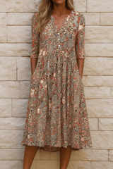 Floral Button-Front V-Neck Women's Midi Dress with Pockets