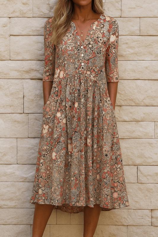 Floral Button-Front V-Neck Women's Midi Dress with Pockets