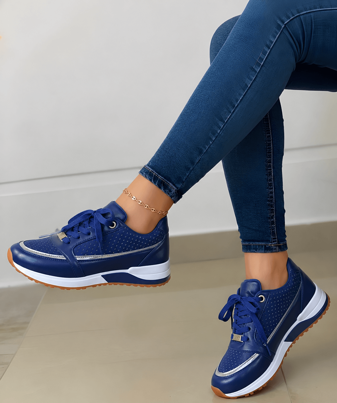 Nikie Lace-Up Chunky Wedge Sneakers with Perforated Upper and Metallic Trim