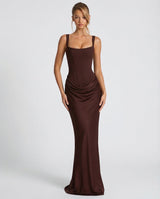 Sienna Laurent Satin Corset Maxi Dress with Draped Detail