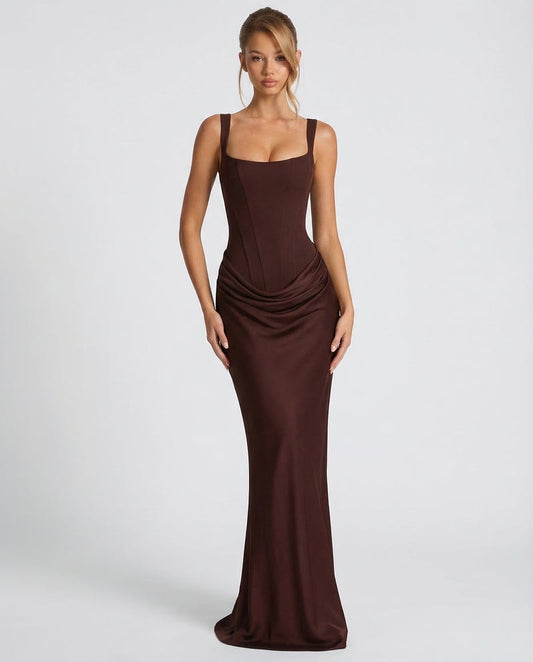 Sienna Laurent Satin Corset Maxi Dress with Draped Detail