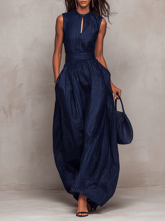 Women's High-Neck Wide-Leg Striped Linen-Blend Jumpsuit