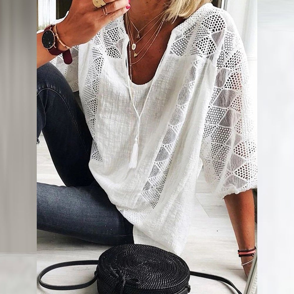 Crochet Panel Boho Blouse with Three-Quarter Sleeves