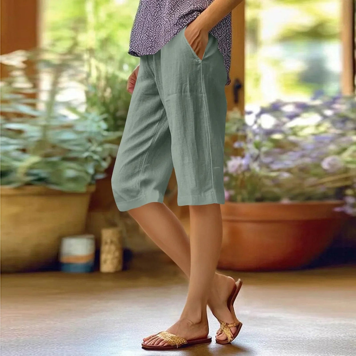 Women's Linen Blend Cropped Shorts with Elastic Waist