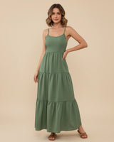 Tiered A-Line Summer Maxi Dress with Spaghetti Straps and Tie Back