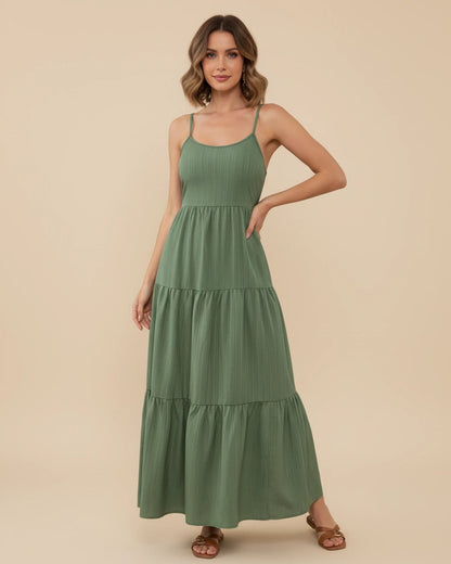 Tiered A-Line Summer Maxi Dress with Spaghetti Straps and Tie Back