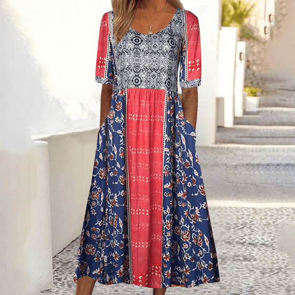 Mirelle Floral Boho Maxi Dress with Half Sleeves and Side Pockets