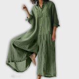 Cecilia Relaxed Button-Down Maxi Dress with Long Sleeves and Patch Pockets