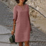 Women's V-Neck Half-Sleeve Polyester Midi Dress