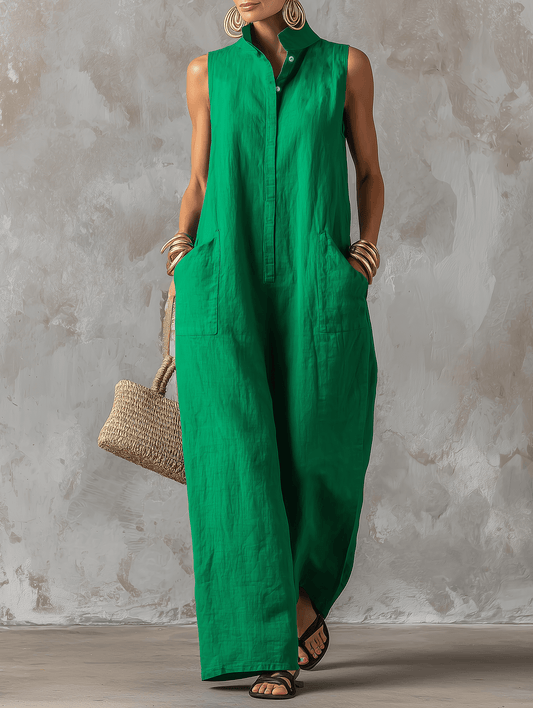 Women's Sleeveless Stand Collar Wide-Leg Linen Jumpsuit