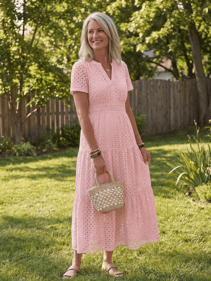 Women's Short-Sleeve Eyelet Midi Dress with Tiered Skirt and Split Neckline