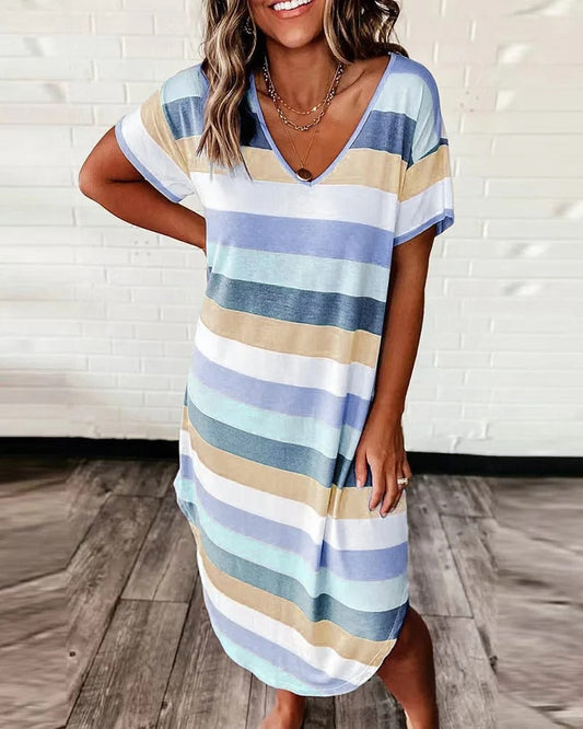 Sophie Striped V-Neck Midi Dress with Asymmetrical Hem and Short Sleeves