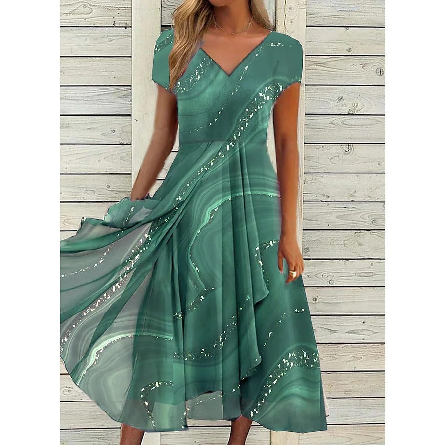 Surplice V-Neck Wrap Midi Dress with Asymmetrical Hemline