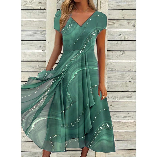Surplice V-Neck Wrap Midi Dress with Asymmetrical Hemline