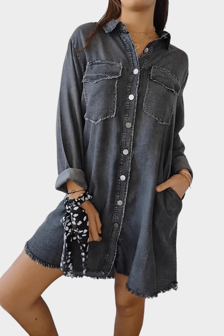 Cordelia Button-Front Long-Sleeve Mini Dress with Shirt Collar and Frayed Hem