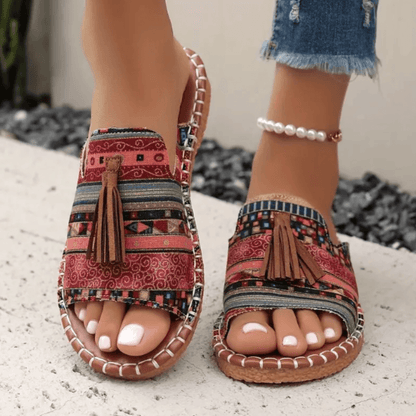 Naomi Kirkland Woven Cushioned Sandals with Boho Tassel Detail for Women