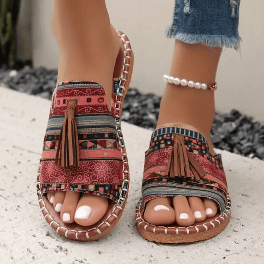 Naomi Kirkland Woven Cushioned Sandals with Boho Tassel Detail for Women
