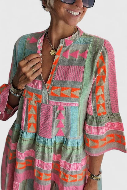 Gisara Boho Tiered Swing Midi Dress with Bell Sleeves and Geometric Print