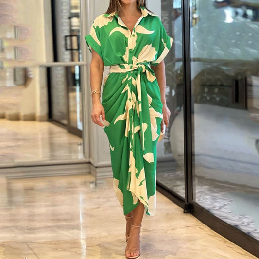 Veronica Floral Midi Shirt Dress with Tie Waist and Button-Down Front