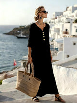 Veltara Linen Summer Maxi Dress with 3/4 Sleeves and Button Placket