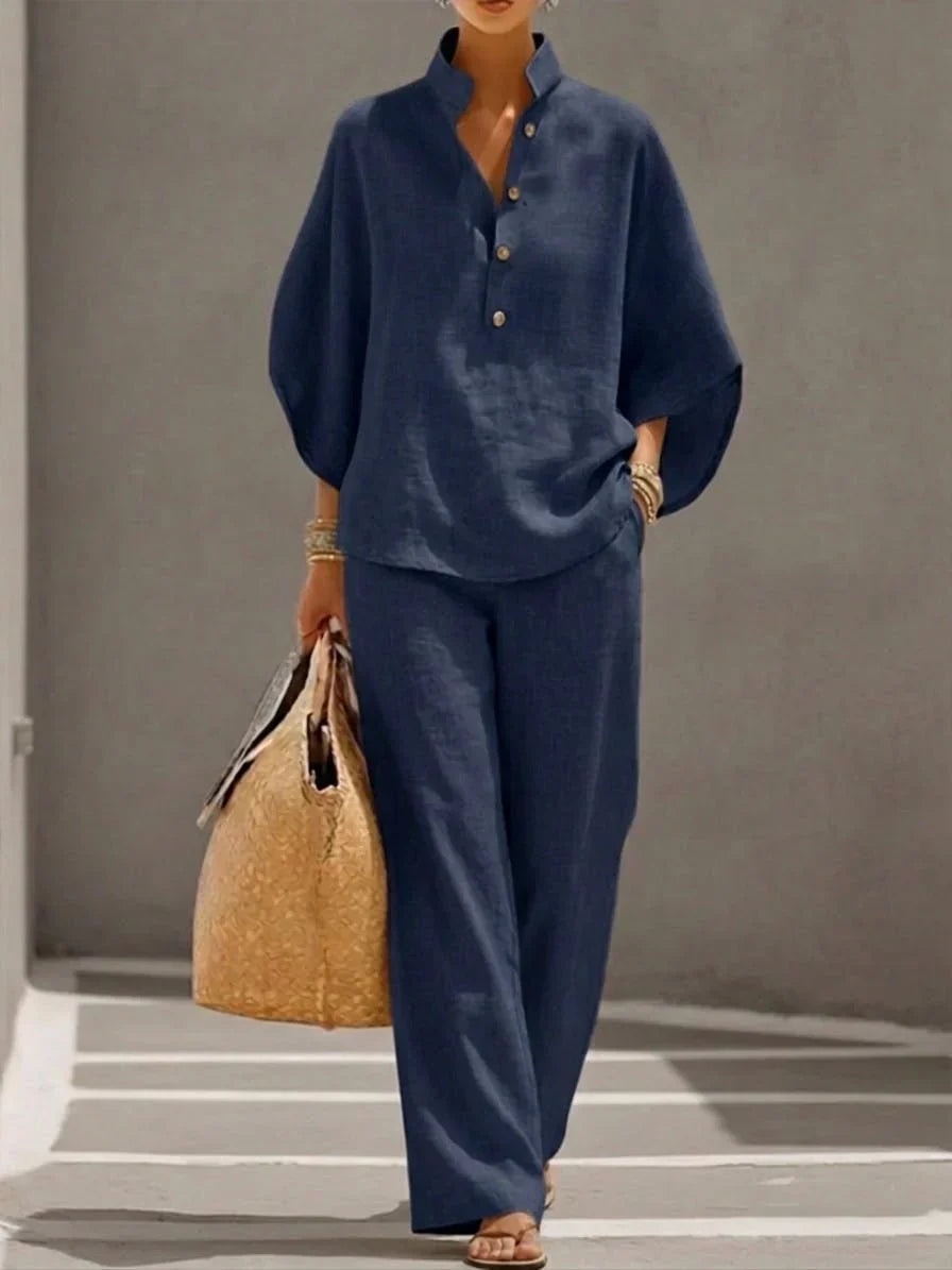 Linen Blouse and Wide-Leg Pant Set with Batwing Sleeves