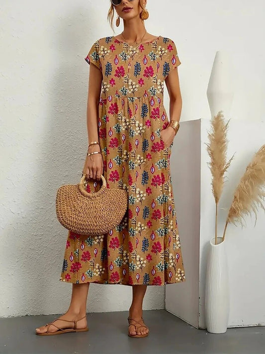 Violet Floral Cotton Summer Dress with Pockets and A-Line Silhouette