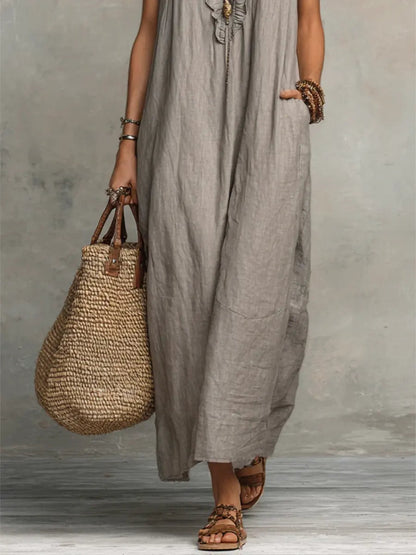 Caldora Maxi Dress in Summer Linen with Ruffle V-Neck and Side Pockets