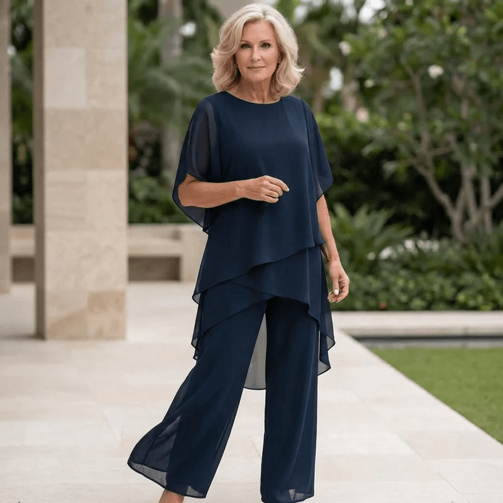Women's Flowy Two-Piece Wide-Leg Pant Set with Draped Cape Top
