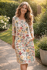 Erica Embroidered Floral Three-Quarter Sleeve Cotton Blend Women's Midi Dress