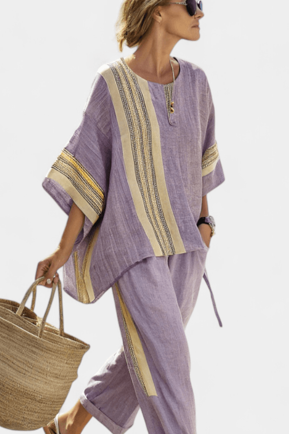 Matching Two-Piece Set with Oversized Striped Linen Top and Wide-Leg Pants