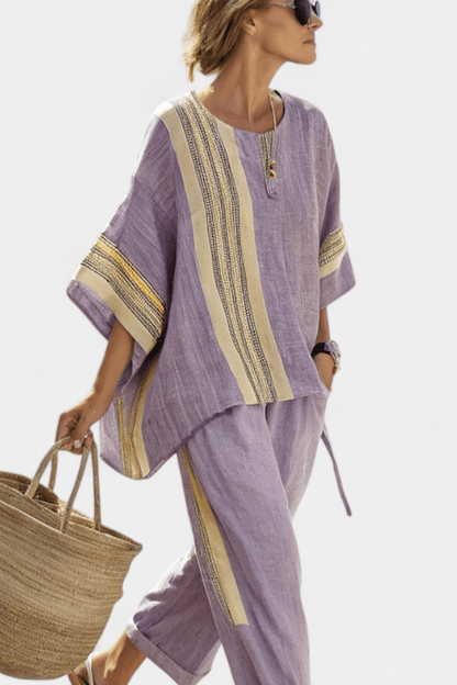 Matching Two-Piece Set with Oversized Striped Linen Top and Wide-Leg Pants