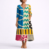 Women's Abstract Print Linen Midi Summer Dress with Pockets