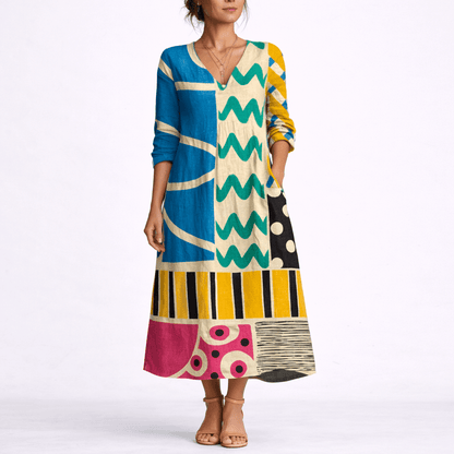 Women's Abstract Print Linen Midi Summer Dress with Pockets