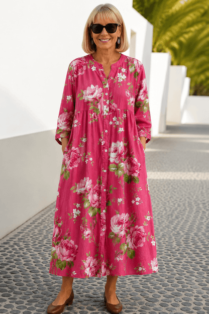Maddie Floral Cotton Button-Front Women's Midi Dress with Three-Quarter Sleeves