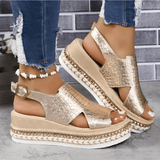 Sarah Orthopedic Wedge Platform Sandals with Croc-Embossed Leather Straps