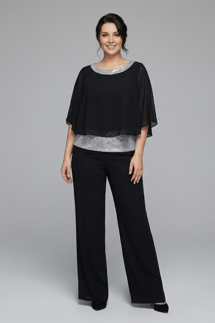 Women's Matching Two-Piece Set with Sequin Chiffon Cape Top and Wide-Leg Pants