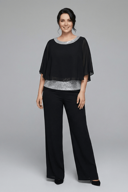 Women's Matching Two-Piece Set with Sequin Chiffon Cape Top and Wide-Leg Pants