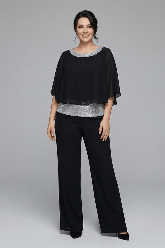 Women's Matching Two-Piece Set with Sequin Chiffon Cape Top and Wide-Leg Pants